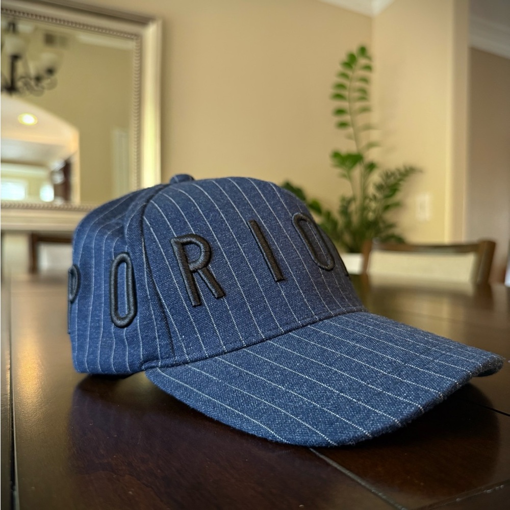 Emporio Armani Navy Pinstripe Cap with Black Lettering